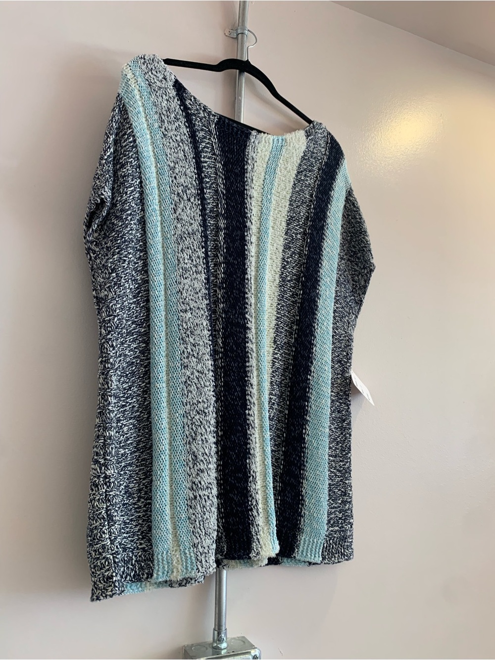 J. Jill Striped Off-the-Shoulder Sweater in Black, Light Blue and Cream